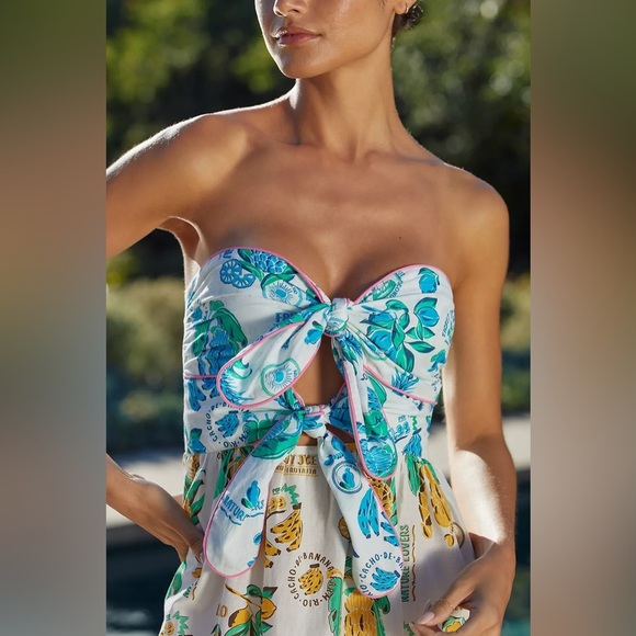 Farm Rio Anthropologie Tiered Cutout Cover-Up Midi Dress Tube Smocked - Picture 3 of 12